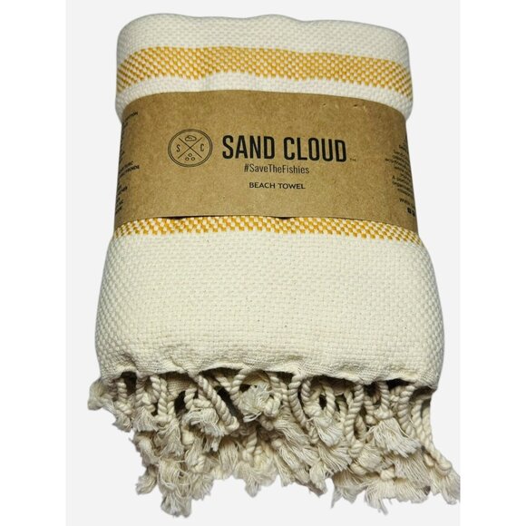 SAND CLOUD Yellow STRIPE BEACH TOWEL TURKISH Scallops ORGANIC COTTON 37"x67" - Picture 2 of 9